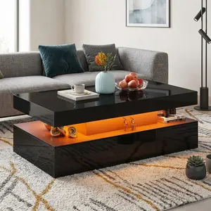 2-Tier LED Coffee Table with High Gloss Finish, Minimalist Living Room Center Table, Modern Accent Sofa Side Table with LED Lighting & Double Layer Storage Space for Home Furniture