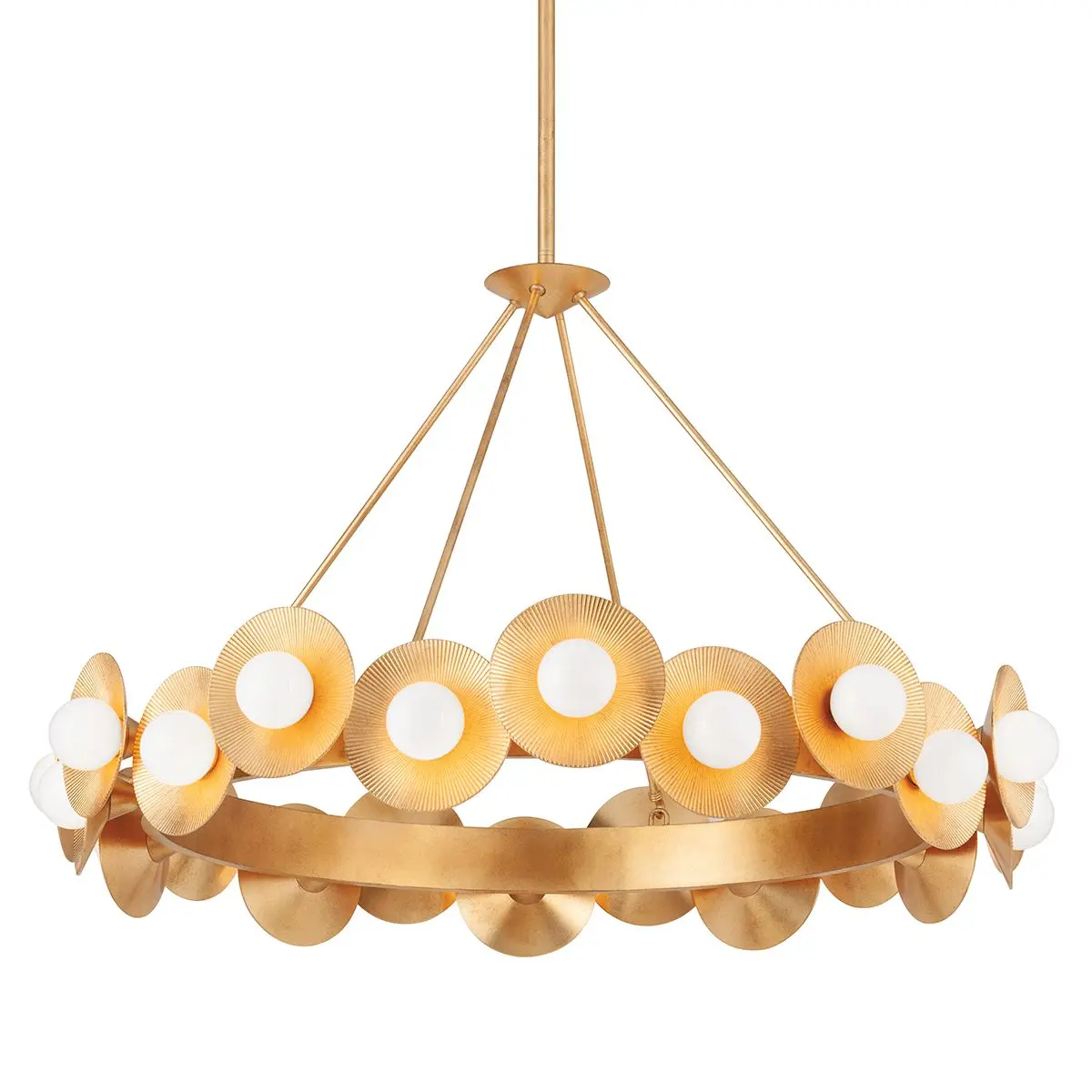 Large Emerald Chandelier With Opal Shades and Vintage Gold Leaf Plates