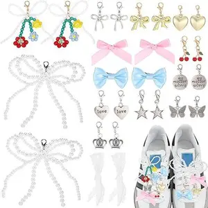 28 Pcs Shoe Charms for Sneakers, Shoelace Charms Kit with Lace Shoelaces, Clips, Lobster Clasps, Pins, Bows, Pearl shoe jewelry for Sneakers, Junk Charm Accessories for Socks Clothes Hats Bags Decor