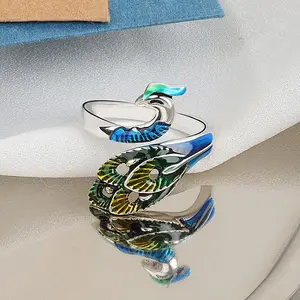 Explosive Accessories Peacock Style Knitting Sweater Ring for Women Adjustable Electroplated Copper with Inlaid Gems in Thai Silver & Copper