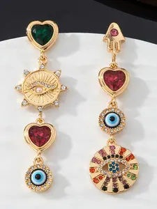 Vintage Colorful Cubic Zirconia Heart Geometric Pendant Earrings, Elegant Ladies Fashion Jewelry, Stylish and Delicate Accessory, Fashionable Jewelry