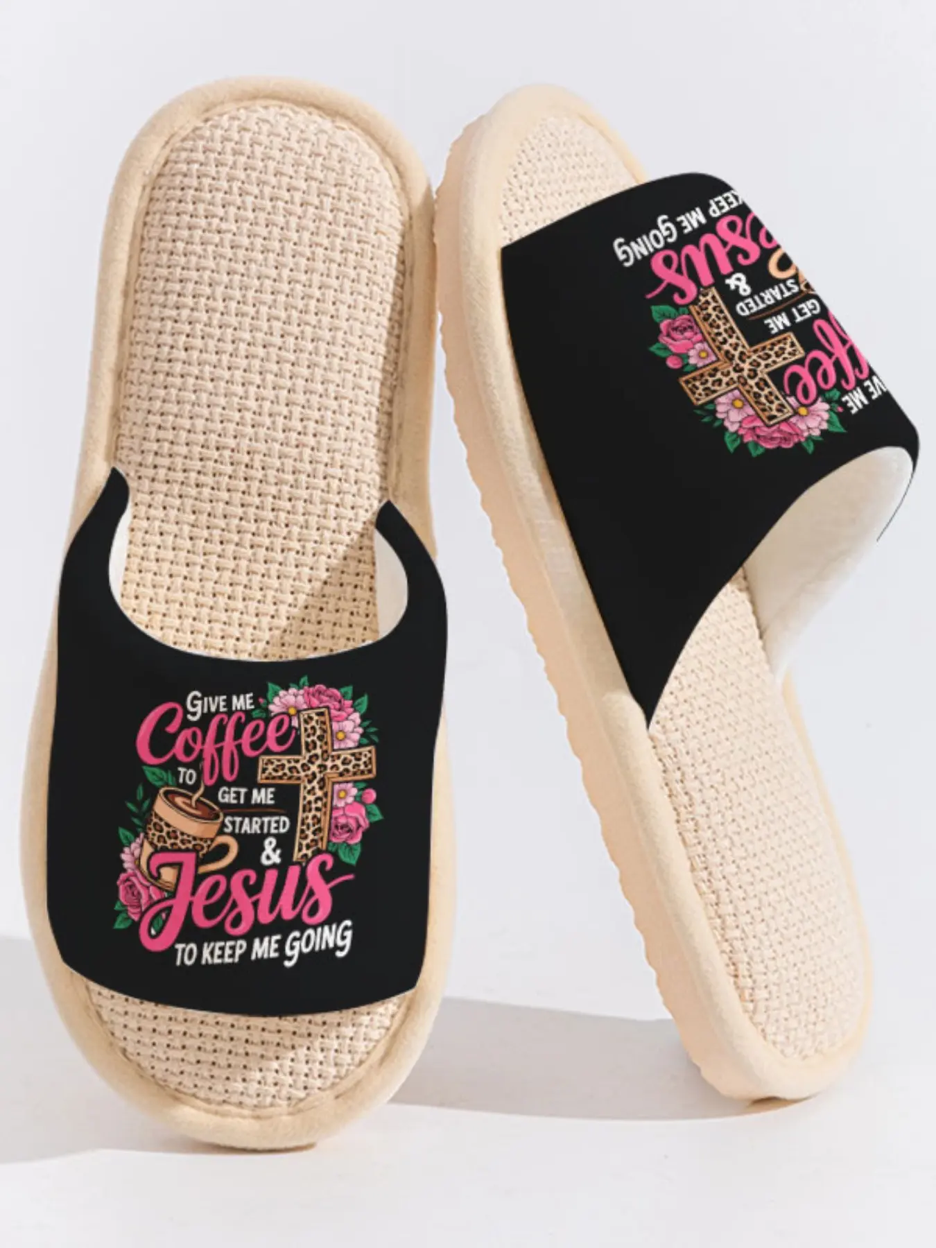 Leopard Print Cross "Coffee & Jesus" Christian Slippers Cloud-Feeling Trendy Retro Style Indoor Outdoor Coffee Lover Must-Have