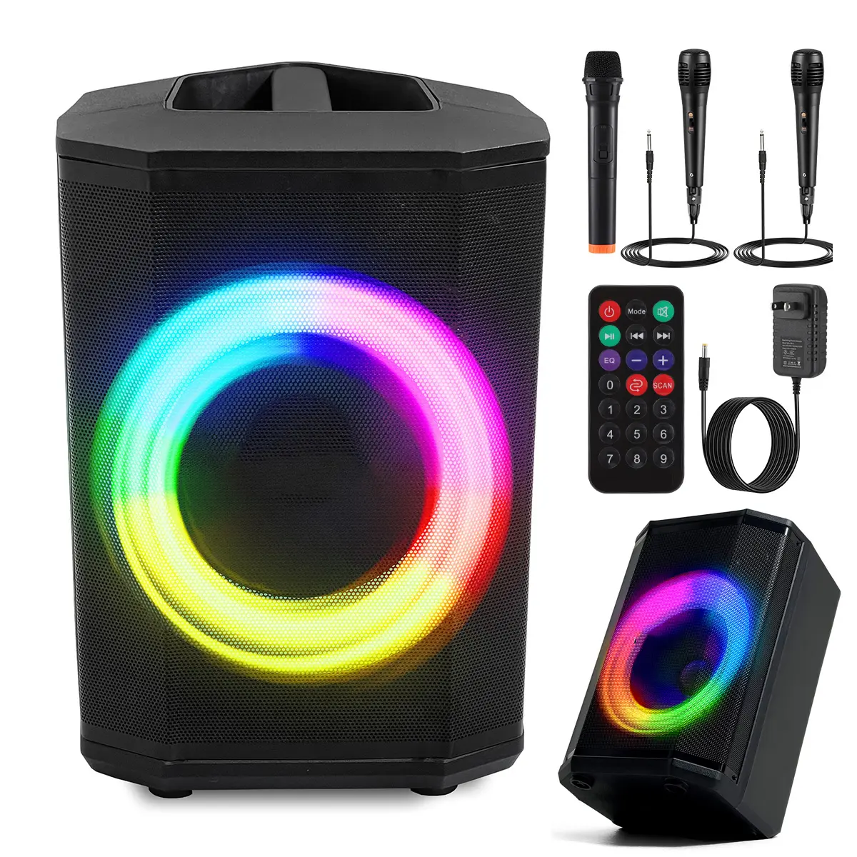 Portable Bluetooth Speaker With 3 Microphone 8" Subwoofer LED Light Party DJ disco Karaoke Speaker