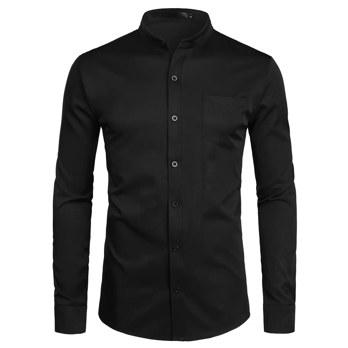 ZEROYAA Men's Banded Collar Slim Fit Long Sleeve Casual Button Down Dress Shirts with Pocket Breathable Polyester Top Black Color Menswear Beige - Fabric