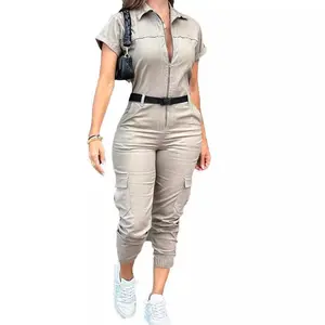 2025 New Women's Fashion Zipper Jumpsuit Short Sleeve Lapel Multi-Pocket Belt Jumpsuit