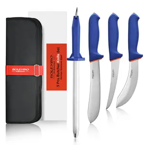 5 Pcs Butcher Knife Set W/Non-slip Softgrip, incl. 8"Butcher Knife, 6" Skinning Knife, 6" Boning Knife For Meat Cutting, 10" Knife Sharpener Rod & Knife Roll Bag, Meat knife W/ X50CrMoV15 German Steel