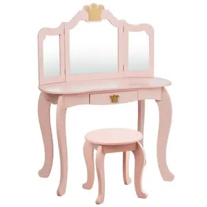 Costzon 2 in 1 Vanity Set for little Princess,  Pretend Beauty Dressing Play Toy Gift w/Tri-Folding Detachable Mirror Storage Drawer