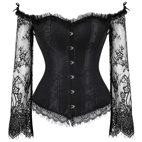Women's Stretchy Floral Overbust Corset Top with Straps - 3/4 Sleeves, Plus Size Black Gothic Women's Halloween Costume, Party-Ready Princess-Inspired Bust-Shaped Corset Tops (8125-Q) Accessories