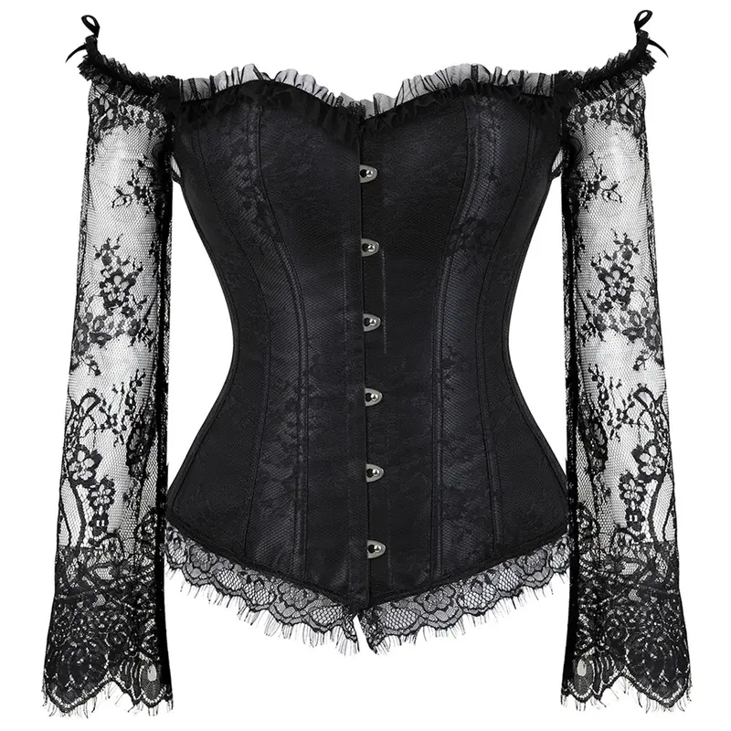 Women's Stretchy Floral Overbust Corset Top with Straps - 3/4 Sleeves, Plus Size Black Gothic Women's Halloween Costume, Party-Ready Princess-Inspired Bust-Shaped Corset Tops (8125-Q) Accessories