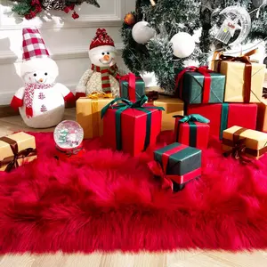 1pc Xmas & Valentine Red Square Faux-Wool Accent Rug｜Long-Pile Machine-Washable for Living/Bed/Bath/Study, Winter Warm Wrap, Furry Soft Rugs, Home Decor Rugs