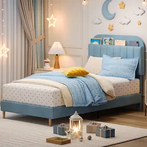 Twin Bed Frames, Velvet Upholstered Platform Bed Frames with Bookcase Headboard, Kids Bed for Boys, Heavy Duty Steel Support Legs, Easy Assembly, Noise Free, Light Blue