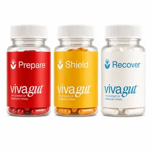 VIVAGUT Digestive Traveler System | Three Bottle Probiotic Travel Kit | Prepare, Shield, Recover | Saccharomyces boulardii, Bacillus coagulans, Inulin, Zinc L-Carnosine, Ginger, Curcumin | Gut Support for Travel | 14 Servings per Bottle | Made in USA
