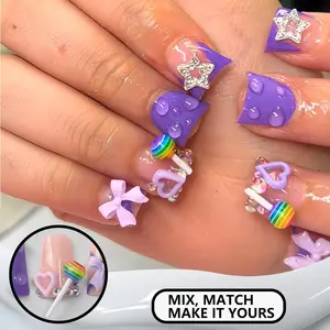 24 Pcs 3D Duck Bill Nail Tips, Candy Bow Star Heart Design, Rhinestone Decor, Glossy Gel False Nails, DIY Nails, Reusable, Y2K Style, Removable False Nails