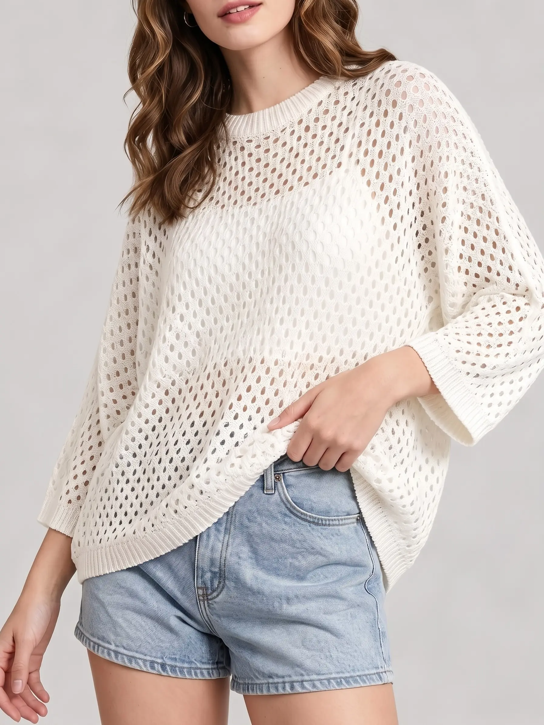 Shewin Women Round Neck 3/4 Sleeve Open Knit Sweater Loose Breathable Beach Cover Up Casual Top DealsForYouDays,summerwins,summeroutfits,vacationoutfits,beachoutfits Lightweight Knit Pullover Knit Tops Womenswear Knitwear Crewneck