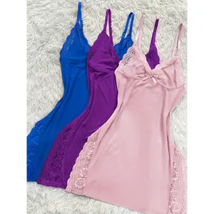 3pcs Of Women'S Comfortable Solid Lace Nightdress, Lace Panels, Skirt Side Slits, Sexy Lace Home Nightdress All Season