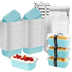 Mini Loaf Pans With Lids And Spoons 50 Pack, 5.5 Oz Rectangle Mini Individual Cake Tins Disposable Small Aluminum Foil Baking Pans Wathet