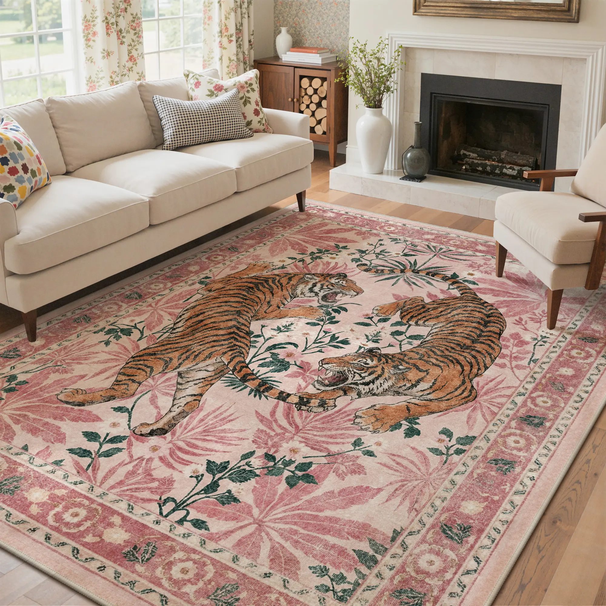 GENIMO Tiger Print Area Rugs, Vintage Oriental Living Room Rug, Non Slip Washable Rug Stain Resistant, Low Pile Thin Soft Animal Botanical Carpet for Bedroom, Dining Room, Office