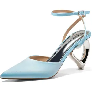 Coutgo Womens Kitten Heels Closed Pointed Toe Heart Heel Ankle Strap Satin Pumps Wedding Prom Dress Valentine Shoes