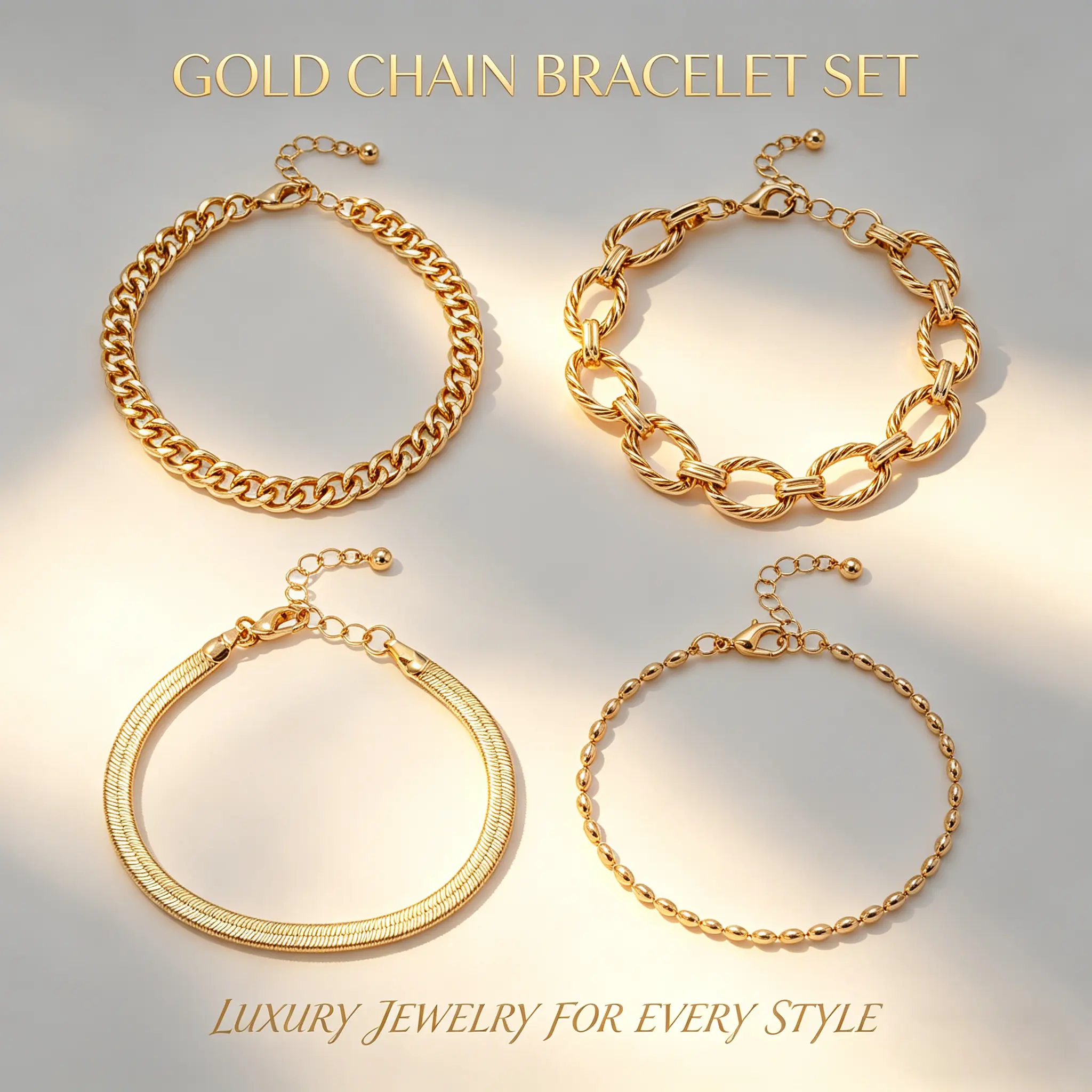 Women's 4Pcs Trendy Gold-Tone Stackable Bracelet Set - Cuban Style, Herringbone, Twisted Link Designs, Adjustable Layering Metallic Jewelry for Women, Bracelets For Women, Cuban Style Chain Bracelets & Bangles