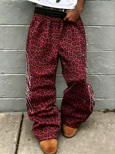 Men's Fake Two-Piece Dual Waist Leopard Print Side Stripe Loose Fit Trousers, Street Style Sporty Casual Pants, Trendy Fashion