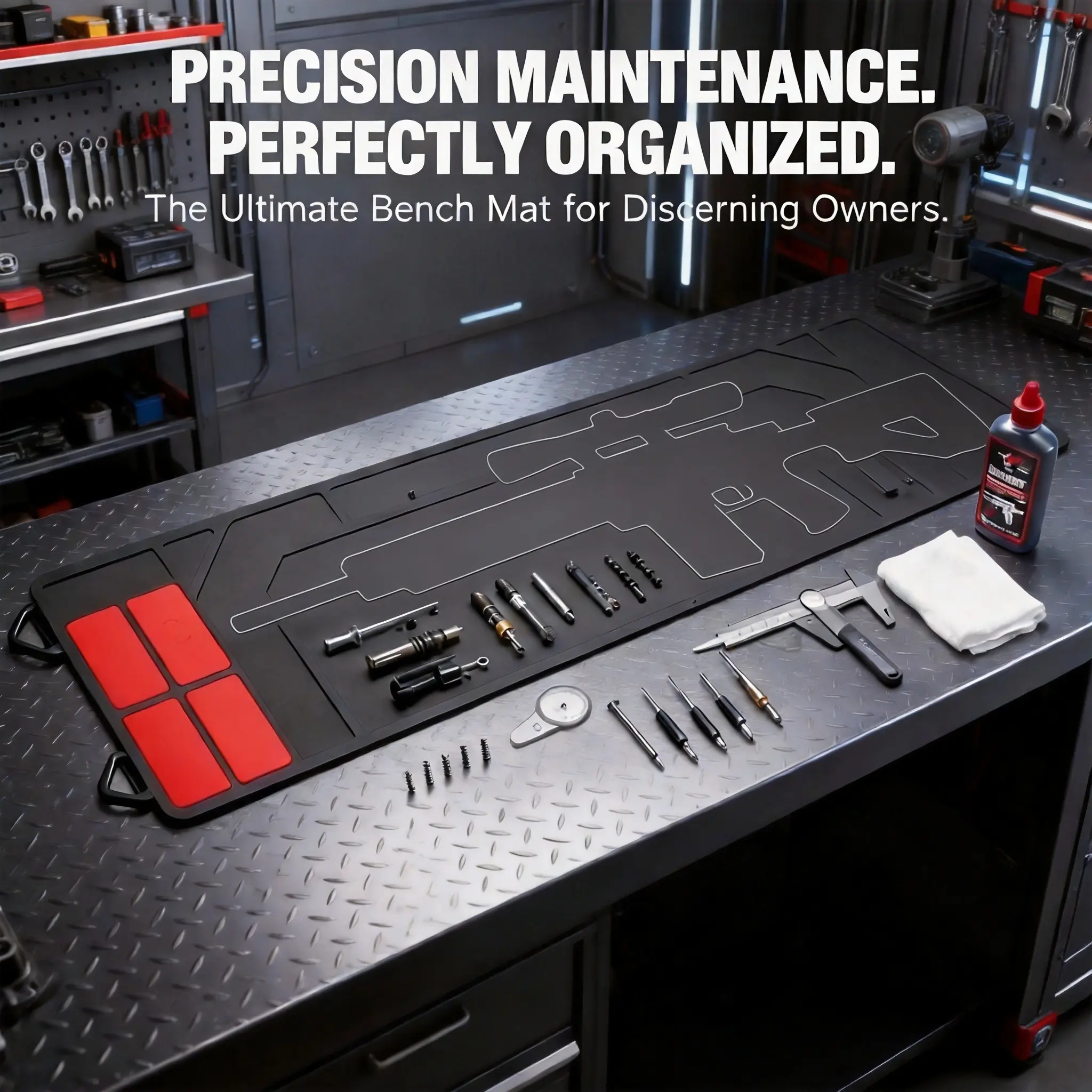 Heavy-duty magnetic gun cleaning mat with quick-drying surface, magnetic compartments, and tool storage capabilities. Anti-slip rifle maintenance mat; durable workbench mat. Ideal for storing gun parts, ammunition, and cleaning supplies.