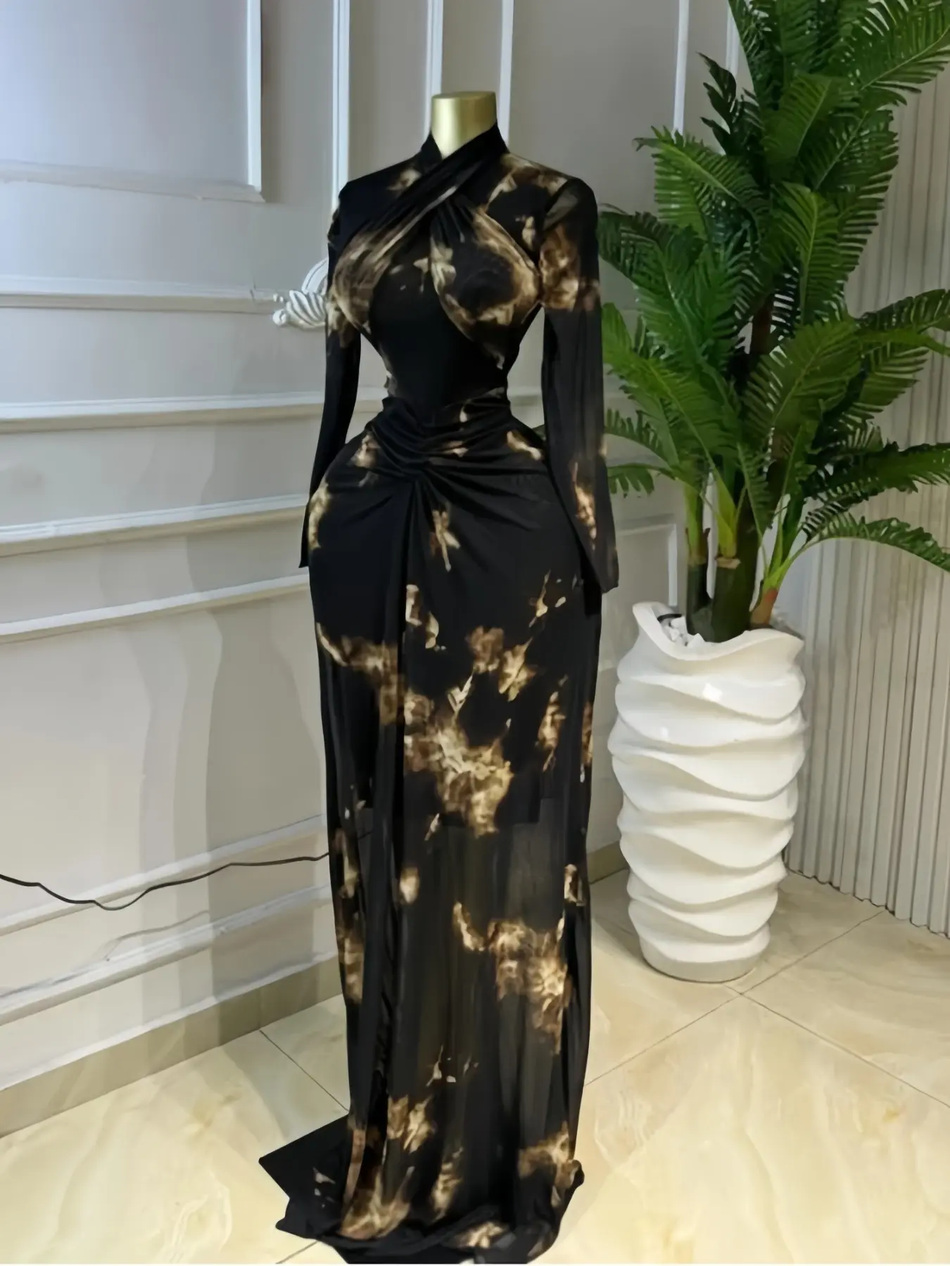 PULKRITU Women's Printed Draped Chic Long Sleeve Maxi Dress, Sexy Sheer Mesh Cocktail Prom Gown for Prom, Party and Music Festival