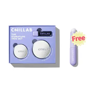 Chillab Signature Trio Set Lavender Matte Powder Full & Medium Size with Magic Black Lip Oil for 12 Hour Matte Control Hydrated Natural Lips Compact Makeup
