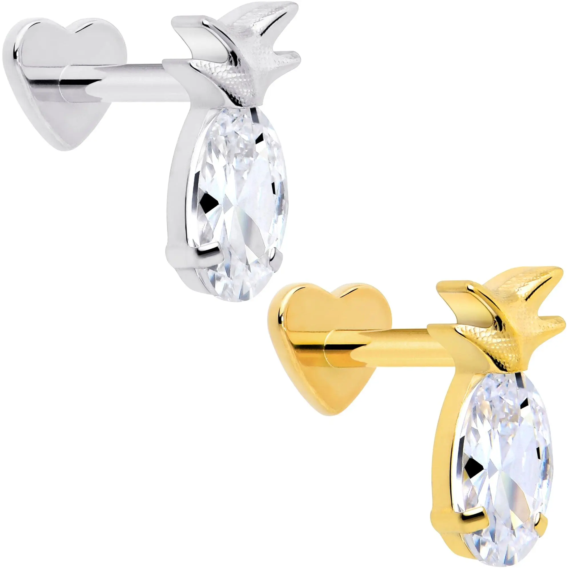 18G Gem Pinepple Implant Titanium Reversible Threadless Heart Flat Back Earring
