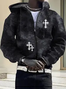 Men's Tie-Dye Camo Print Cross Y2k Style Cozy Stretch Long Sleeve Oversized Hoodie American Streetwear Niche Outdoor Casual Black Sweatshirt Menswear Tops