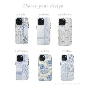 Pastel Blue Patchwork iPhone Case Collection - Toile, Bow, Cow Print, Floral & Lace Aesthetic - Slim, Durable Cover for iPhone  17 Pro Max Plus Air/16/15/14/13/12/11