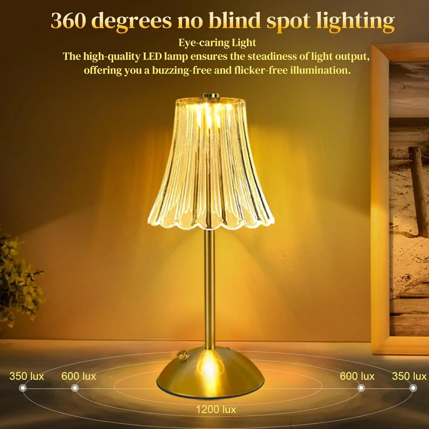Vintage Gold Cordless Table Lamp 2600mAh Battery Operated Rechargeable Dimmable 3Color LED Bedside Decorative Nightstand Lamp with Touch Crystal Design
