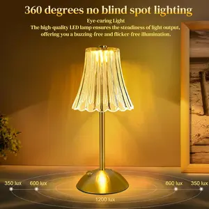 Vintage Gold Cordless Table Lamp 2600mAh Battery Operated Rechargeable Dimmable 3Color LED Bedside Decorative Nightstand Lamp with Touch Crystal Design