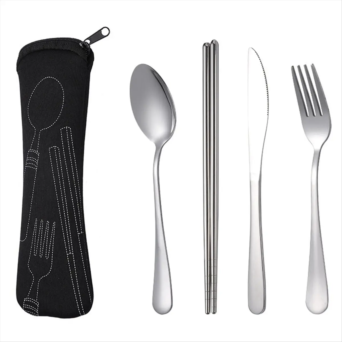 Portable 4-Pcs Stainless Steel Tableware Set - Chopsticks, Spoon, Fork, Steak Knife, Washable Storage Bag - Black Tool Organizer for Travel, Dinner Use