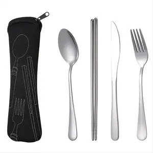 Portable 4-Pcs Stainless Steel Tableware Set - Chopsticks, Spoon, Fork, Steak Knife, Washable Storage Bag - Black Tool Organizer for Travel, Dinner Use