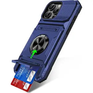 Phone Cases for iPhone 17 Pro Max 16 16E 15 14 13 11 Pro Max Plus  Case with 360° Spin Ring Kickstand & Card Holder [with Screen Protector] Military Grade Cover, Heavy Duty Shockproof Protective Phone Case for iPhone 17 Pro Max Blue