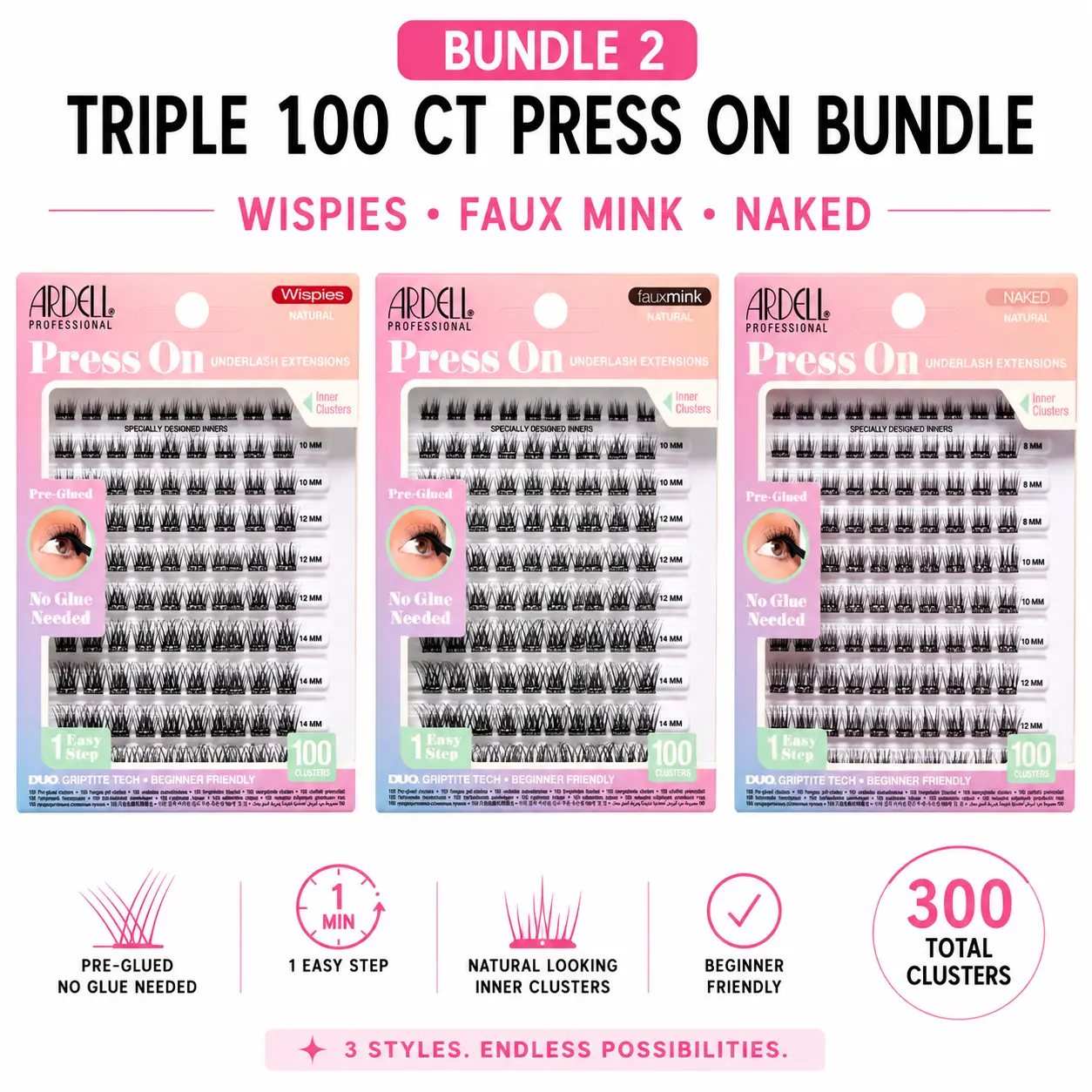 Ardell Triple 100 Ct Collection- Wispies, Faux Mink, and Naked Collections of Press on False Lashes