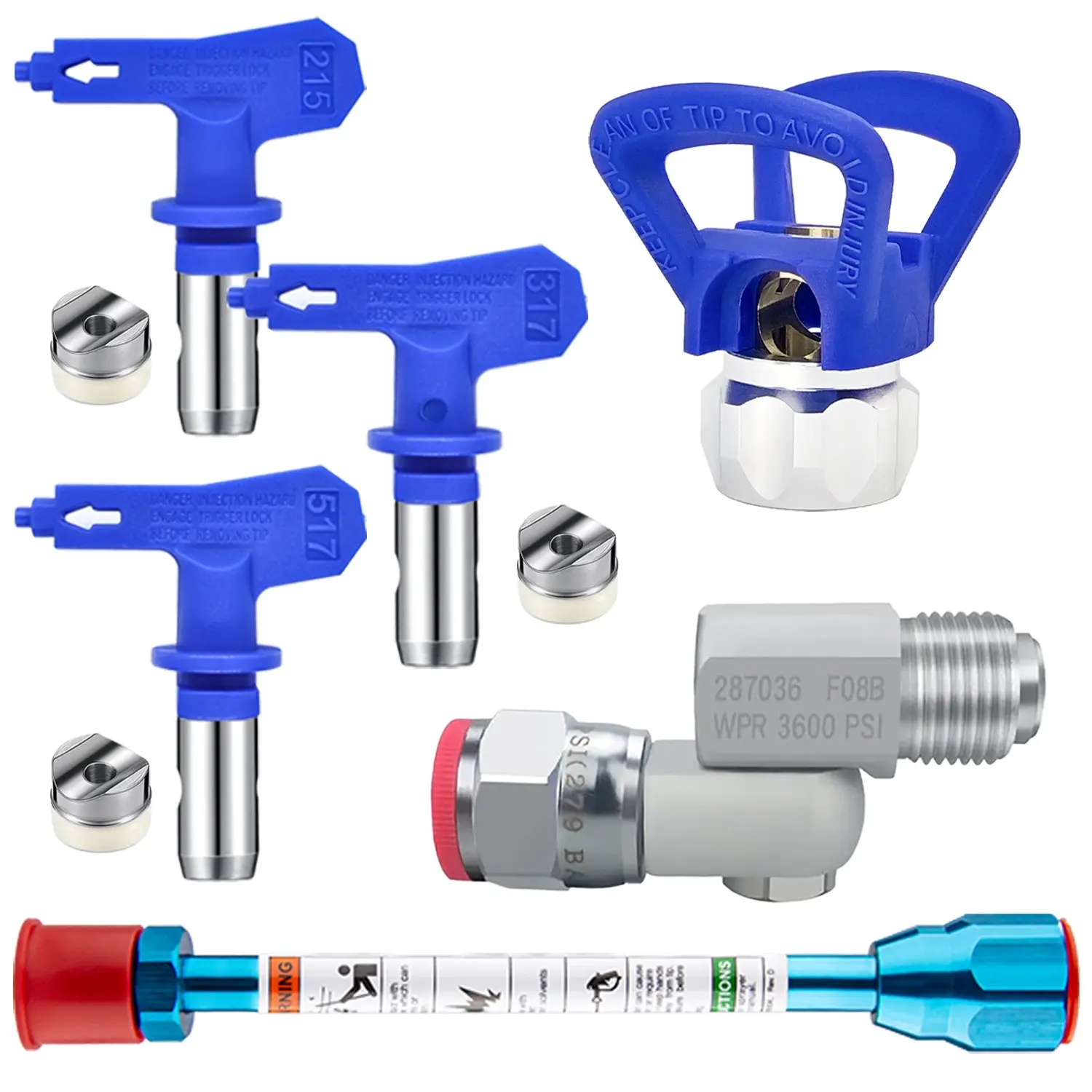 6-Piece Airless Sprayer Nozzle Replacement Kit, 215/317/517 Spray Tips with Gasket, Extension Hose & Adapter, for Contractors & Home DIY Building Projects, Spray Nozzles