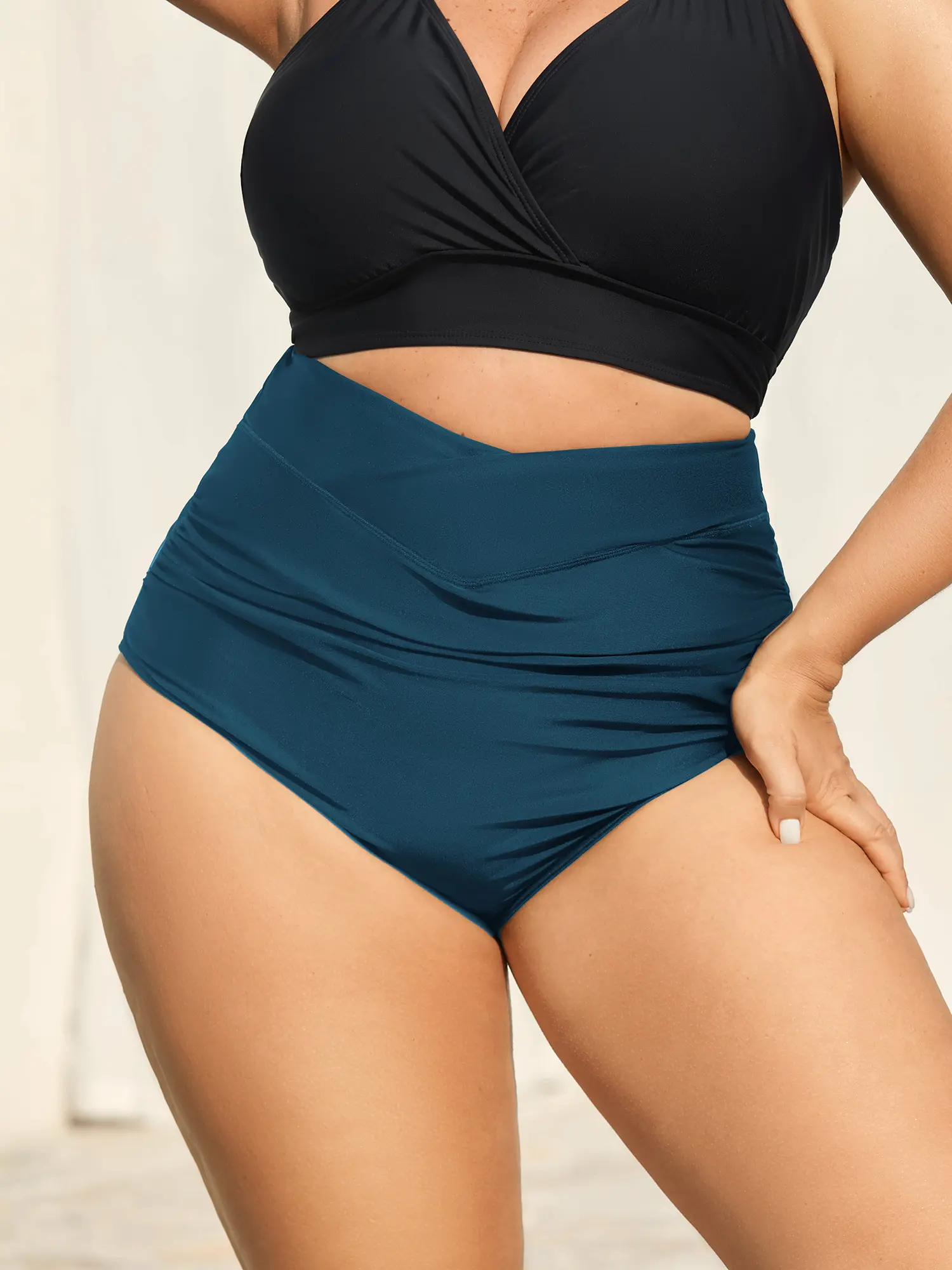 BLOOMCHIC Plus Size Cross High Waist Ruched Swim Bottoms - Nylon Blend, Skinny Fit, Full Coverage, Gathered Look, Tammy Control, 2026 Summer Pick, High Waist Bikini, Plus Sized Bathing Suits, Swimsuit for Women [M-6X] 2026 Summer Vibes High Rise Swimwear,