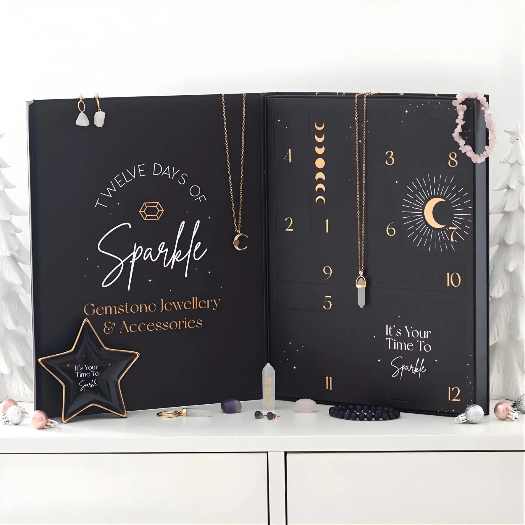 Down To Earth 12-Day Jewelry Advent Calendar with Genuine Amethyst Rose Quartz & Clear Quartz Gemstone Jewelry Accessories for Sparkle and Comfort