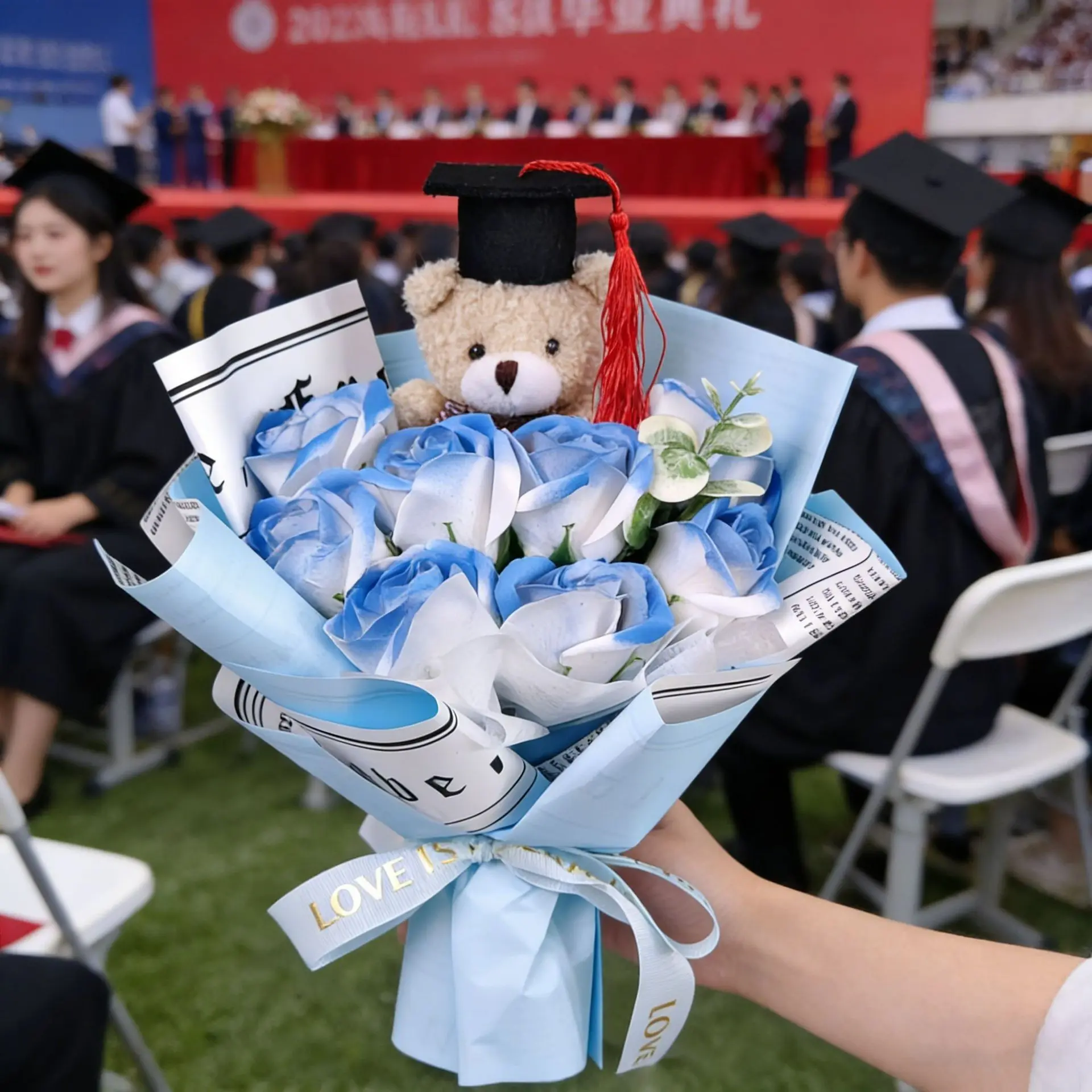 Graduation Bear Bouquet Gift, Blue Artificial Rose Flower Bouquet with Plush Bear, Graduation Cap Decor and Ribbon Wrap, Keepsake Gift for Graduate, Friend, Daughter or Classmate, Grad Party Favor, Class Party Favors, Party Gifts