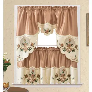 3pcs Kitchen Cafe Curtain Set, Swag and 24 Inches Tiers for Small Windows, Nice Matching Color Rose Embroidery with Inserted Organza, Bronze