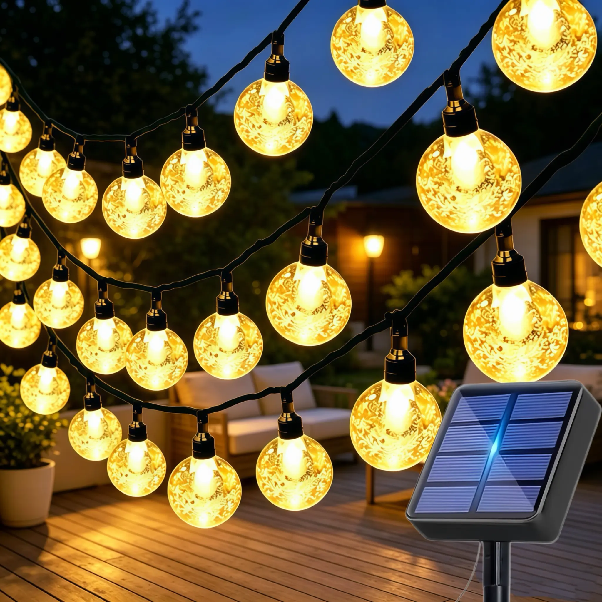 Halloween Solar-Powered Crystal Ball String Lanterns, 40ft 100 LED Water-Resistant Auto-On/Off Light-Controlled Lights with 8 Dynamic Modes & Memory Function, Warm White Outdoor Decor for Garden, Birthdays, Mother's Day