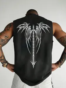 Oversized Cyber-Y2K Graphic Sleeveless T-Shirt for Men, Grunge Opium Style Skeleton Wing Back Print, Summer Streetwear Gothic Hip Hop Vest, Casual Loose Fit Top for Club & Rave