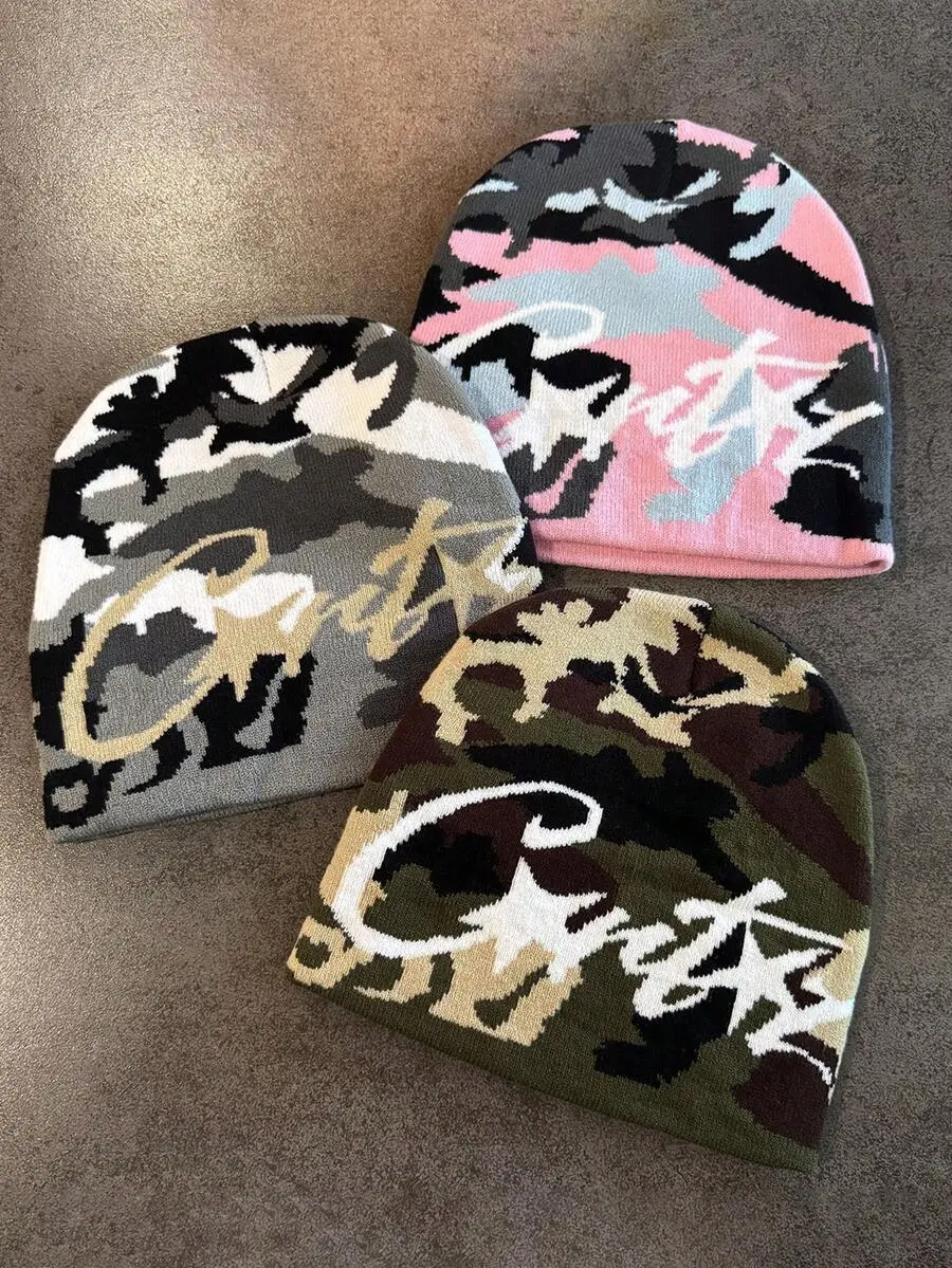1pc Casual Camouflage Pattern Knit Beanie Hat, Beanies for Men and Women Fashion Versatile Warm Headwear For Outdoor, Daily Wear Autumn/Winter Multicolor Design - C STUDIO