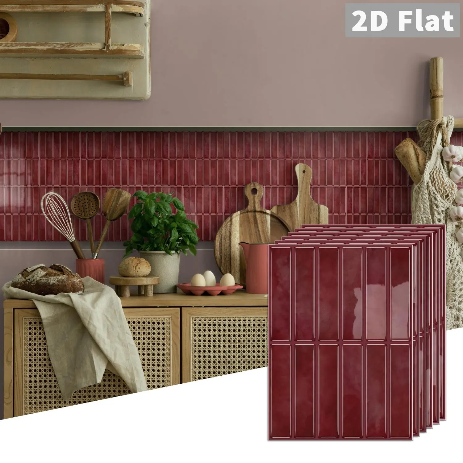 10 PCS GST PE Crystal Foam Decorative Tile Stickers (Retro Wine Red Long Vertical Brick), Color Box Pack, Waterproof Oil-Proof Anti-Collision Self-Adhesive Wall Tiles for Household Kitchen Bathroom Ceiling Home Decor Household Decoration Supplies