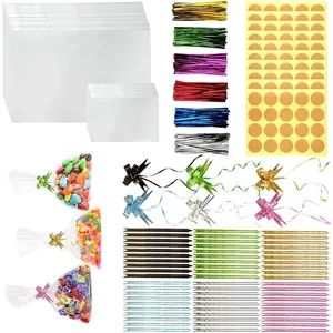 A Set of 200 Cellophane Bags,30x20/15x10cm,Large Cellophane Bags with 200 Metal Ribbons,60 Tie Flowers and 200 Label Stickers,Biscuit Bags,Transparent Bags for Snacks,Halloween Christmas Party Gifts,Hand Tools Kits