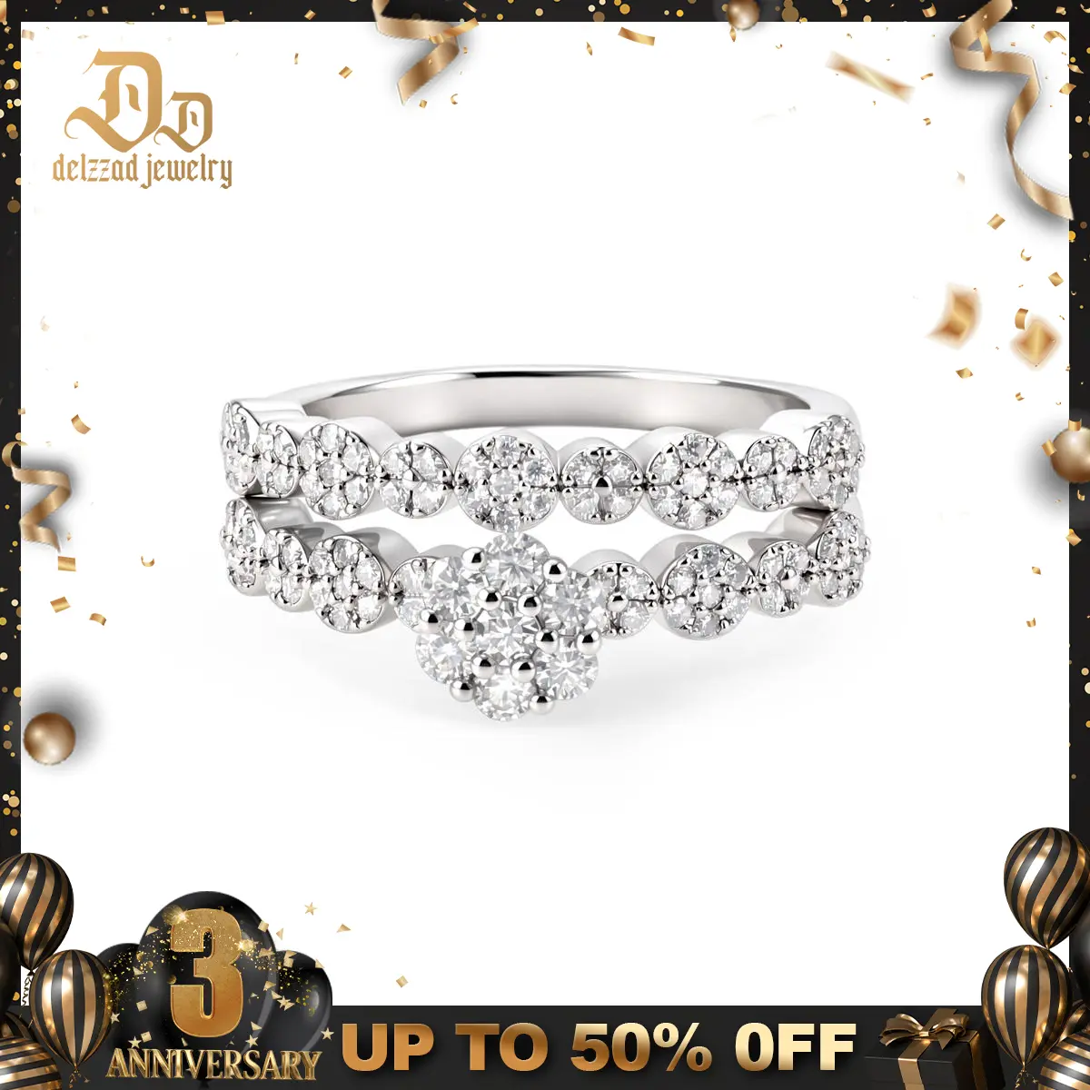 Delzzad 14K Gold-Plated 0.7ct Petal Bloom Stack Ring Flower Engagement Wedding Ring Set Stackable Set VVS Synthetic Moissanite Ring Jewelry Perfect Birthday Engagement Wedding Anniversary Christmas Valentine's Day Mother's Day Gift