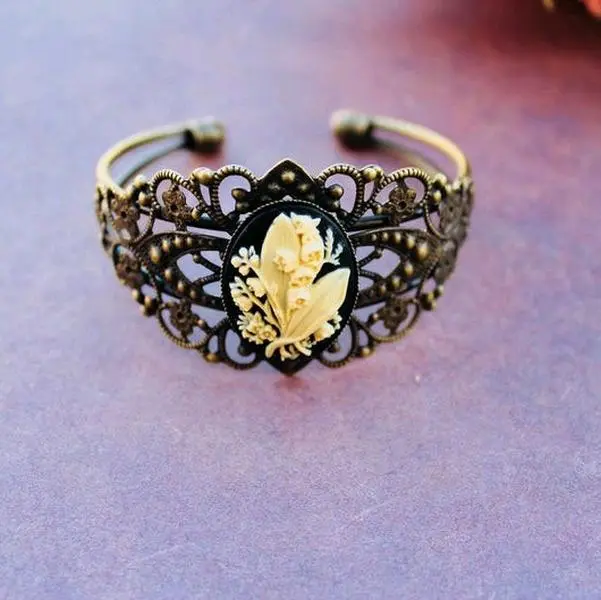 Victorian Floral Lily Ivory Cameo Vintage Inspired Cuff Adjustable Bracelet , Holiday Gift