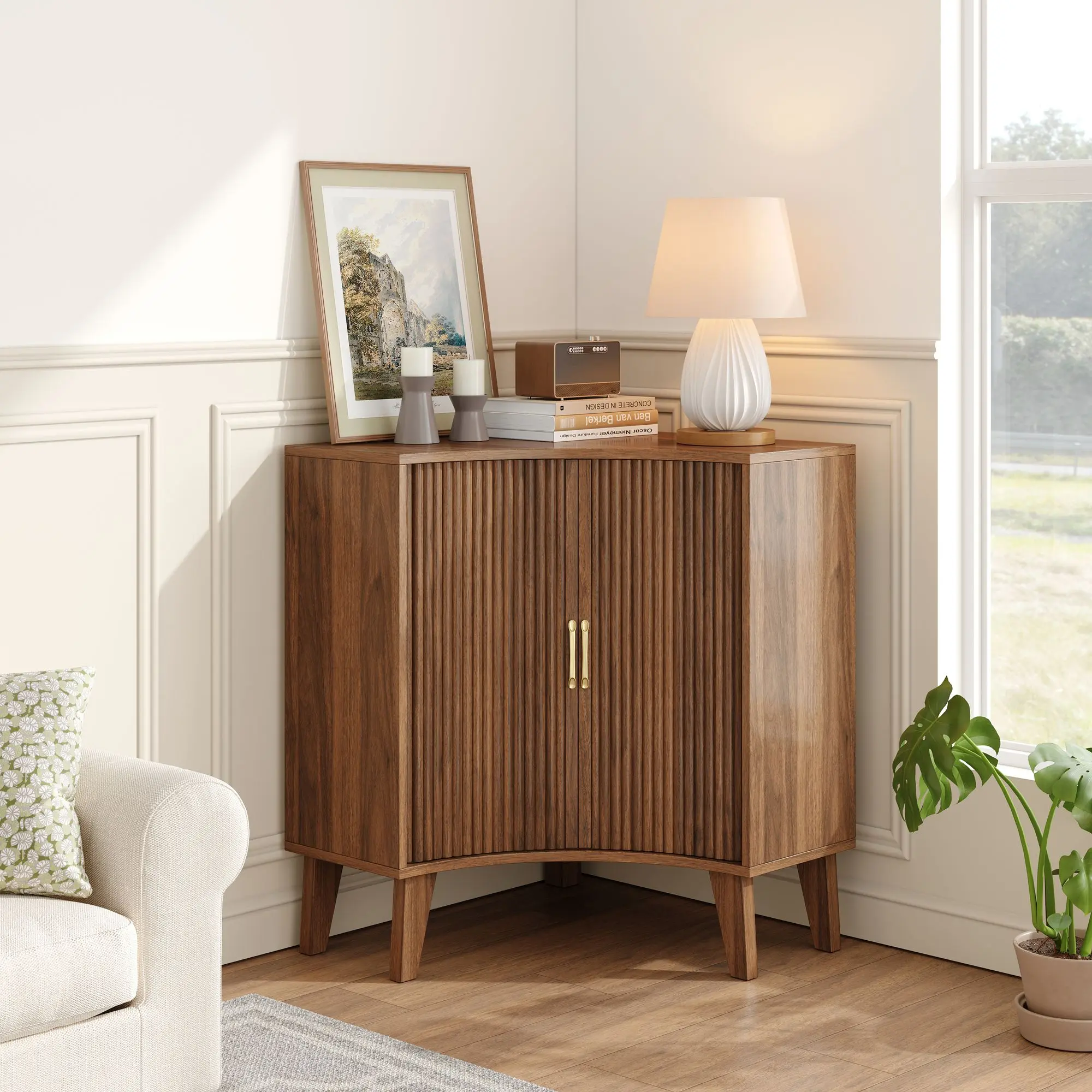 ZXVOIM Corner Cabinet, Fluted Corner Bar Cabinet with Sliding 2 Doors, Modern Corner Cabinet Organizing for Living Room, Dining Room, Kitchen