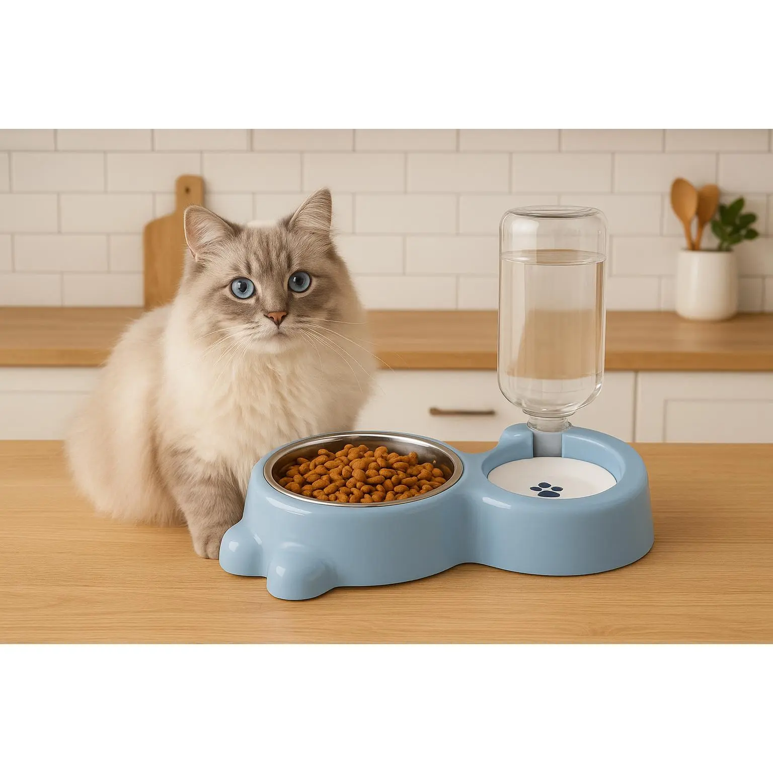 PetSafe Dog & Cat Feeding Station with Automatic Water Dispenser - Light Blue, 2-in-1 Pet Food & Water Bowl Set, Stainless Steel Bowl, Anti-Slip Base, 17 oz Capacity, Ideal for Cats & Small Dogs